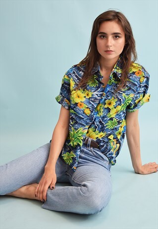 90'S RETRO HAWAIIAN PRINT OVERSIZED FESTIVAL BLOUSE TOP