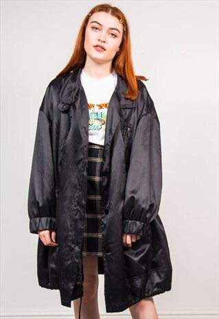 VINTAGE 90'S BLACK SILKY OVERSIZED ANORAK PARKA COAT