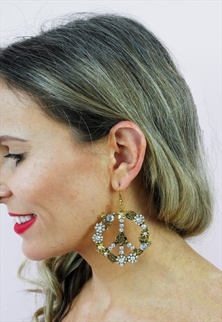 GOLD DIAMANTE PEACE FLOWER HOOP CHANDELIER EARRINGS