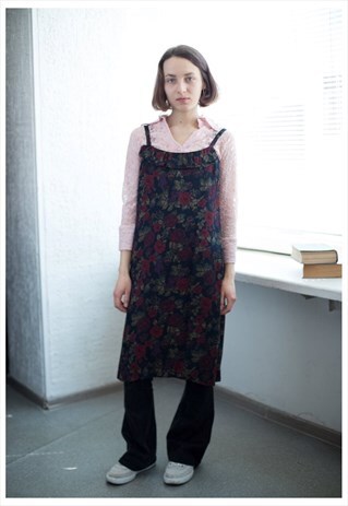 VINTAGE 70'S FLOWER PRINT SLEEVELESS MIDI DRESS IN BLACK