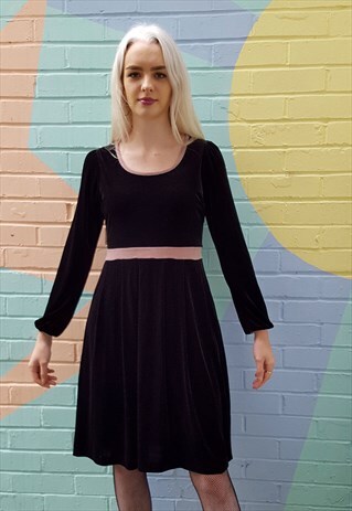 DRESS, BLACK VELVET, LONG SLEEVED, EVENING WITH PINK TRIM
