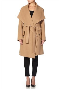Camel Large Lapel Waterfall Belted Duster Coat
