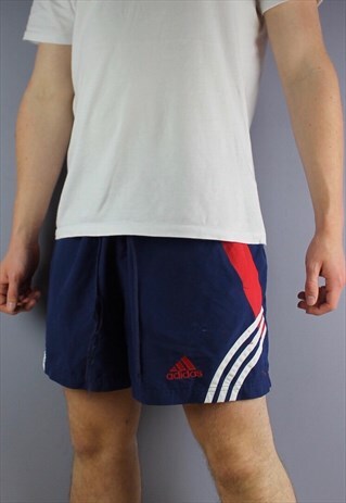 VINTAGE ADIDAS SHORTS IN NAVY WITH POCKETS, EMBROIDERED LOGO