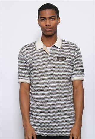 VINTAGE ADIDAS LOGO PATTERN POLO SHIRT WHITE GREY