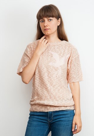 VINTAGE 80S SOFT PINK KNIT TOP WITH BIRD OF PARADISE EMBROID
