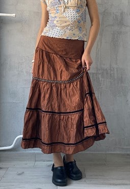 Vintage 90's Brown Embroidered Sequins Pattern Maxi Skirt