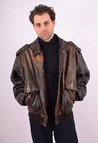 MENS VINTAGE FAUX LEATHER JACKET XL BROWN 90S