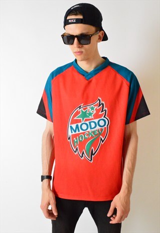 VINTAGE 90S RED COLOUR BLOCK SWEDISH HOCKEY T-SHIRT