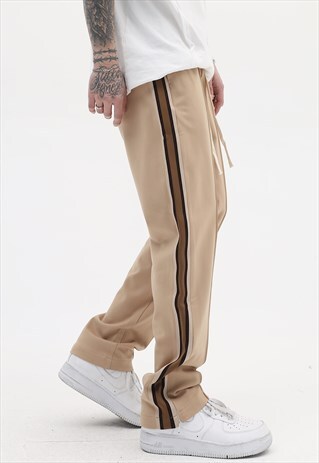 STRIPE TRACK PANTS FLARE FINISH ZIP JOGGERS IN CREAM BROWN