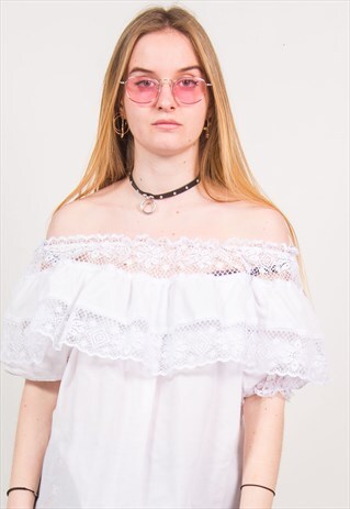VINTAGE 90'S WHITE LACE FRILLED OFF THE SHOULDER BLOUSE TOP