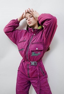 Vintage 80s Purple Embroidery Thermal Full Ski Suit Women S