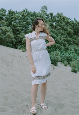LINEN DRESS VINTAGE WHITE LACE ELASTIC WAIST SLEEVELESS S