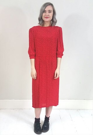 VINTAGE 80'S RED AND BLACK PATTERNED MIDI DRESS
