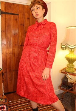 Vintage 60s Red Ditsy Floral Midi Dress with Belt