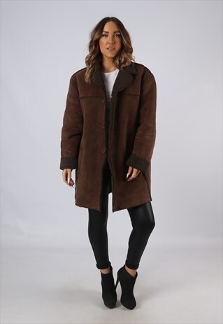 VINTAGE FAUX SHEEPSKIN SUEDE EFFECT COAT UK 18 XXL (AEH)