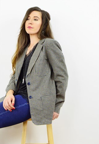 VINTAGE 90S CHECKED THIN WOOL FITTED BLAZER