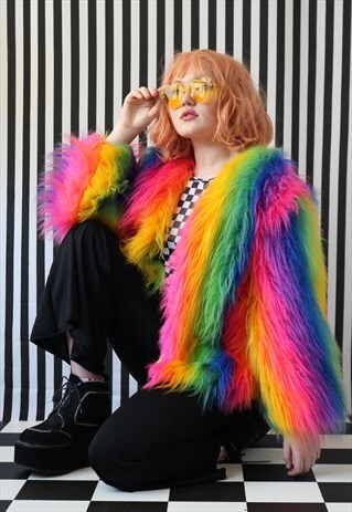 RAINBOW STRIPED FLUFFY COAT