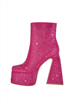 Rhinestone Square Toe Chunky Heel Platform Ankle Boots