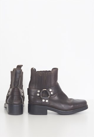 VINTAGE DARK BROWN LEATHER BIKER BOOTS