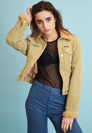 90'S RETRO BEIGE CORDUROY NEUTRAL FAUX FUR DETAILING JACKET
