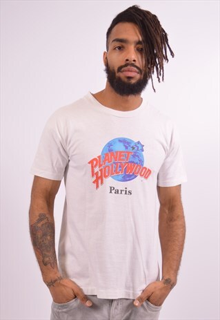 PLANET HOLLYWOOD MENS VINTAGE T-SHIRT TOP MEDIUM WHITE 90S