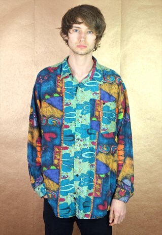 80S VINTAGE ABSTRACT PATTERN SILK LONG SLEEVE SHIRT
