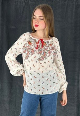 70's Vintage Cream Red Floral Smock Style Cotton Blouse