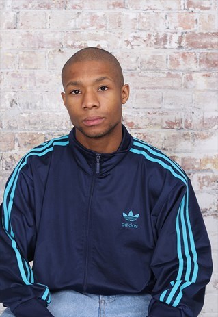 VINTAGE ADIDAS LOGO THREE STRIPE TRACK JACKET NAVY BLUE
