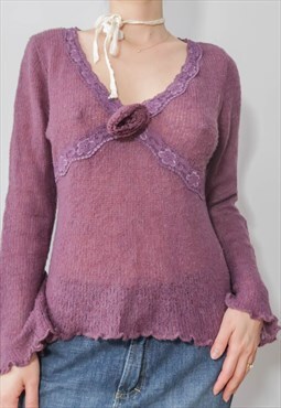 Vintage Y2k Purple Lace Floral Knit Top