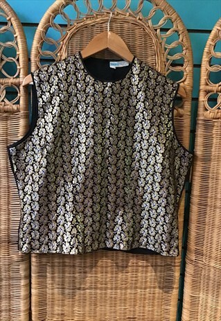 VINTAGE 60S MOD GOLD FLORAL CROP FITTED BLOUSE