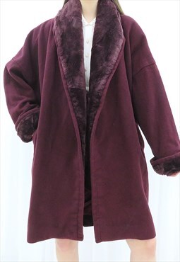 80s Vintage Burgundy Faux Fur Coat Jacket