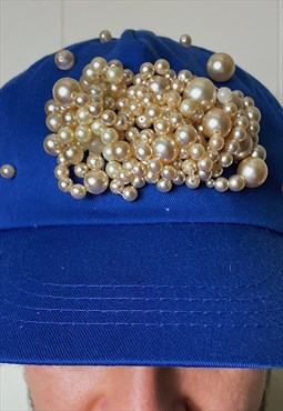 Blue Baseball Cap with Pearl Embellishments