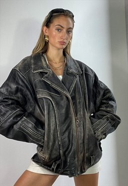Vintage Y2k Leather Biker Jacket Distressed Grunge Oversized