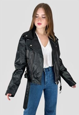 Ladies New Vintage Style Recycled Leather Biker Jacket  L