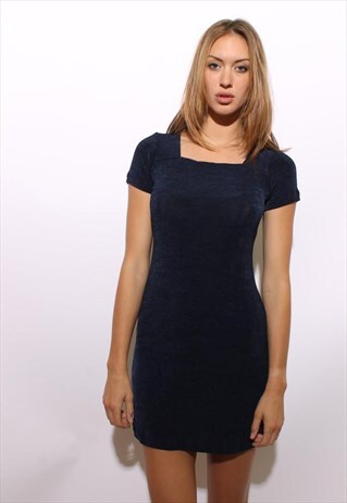 VINTAGE 1990'S 90'S NAVY BLUE STRETCHY MINI DRESS SHORT S-M