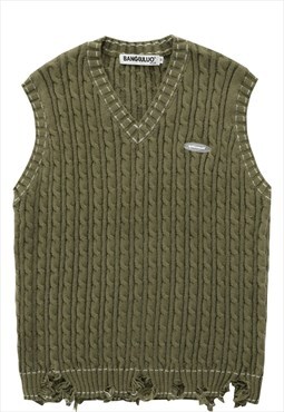 Ripped sleeveless sweater chunky knitted v neck vest green