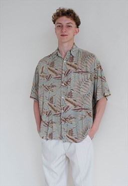 Vintage 90s Chevron Plants Pattern Boxy Fit Men Shirt XL/XXL