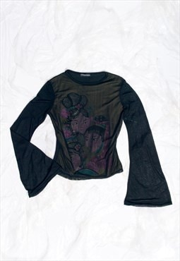 Vintage Y2K Flare Sleeve Mesh Geisha Top in Black