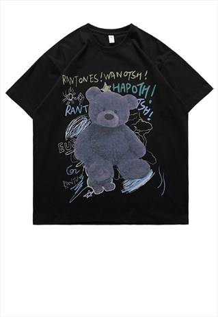 Teddy print t-shirt grunge bear tee skater slogan top black