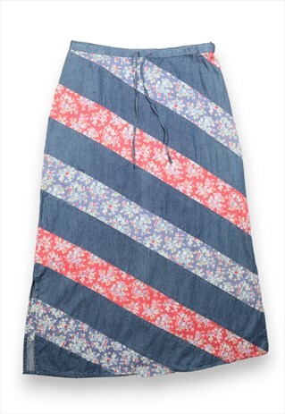 Y2k blue pink patchwork floral maxi denim skirt