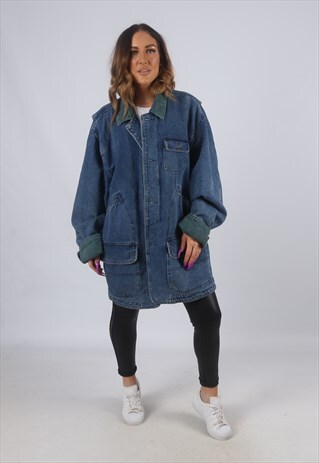 VINTAGE DENIM JACKET OVERSIZED LONGLINE CHECKED UK 18 (KBL)