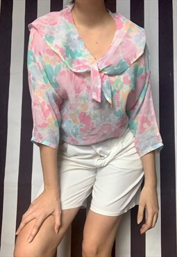Vintage 80s pink white pastel floral blouse, shawl neckline