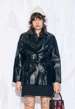 Vintage Y2K Leather Trench Coat in Black