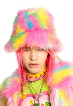 Rainbow bucket hat faux fur fluffy unicorn hat rave cap pink