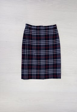 80s Vintage Burberrys Wool Check Skirt Navy Red