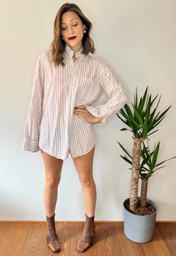 1970's vintage oversize white shirt with tan and beige plaid