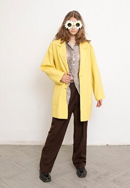 Vintage Linen Blazer Yellow Oversized Suit Jacket 90s