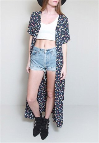 VINTAGE 1990'S NAVY BUTTON FRONT FLORAL PRINT MAXI DRESS