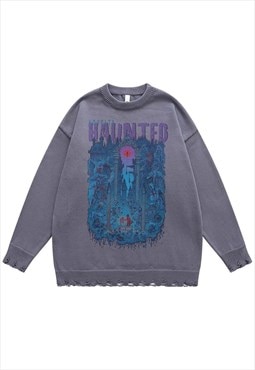 Creepy sweater haunted jumper ripped knitted top in grey