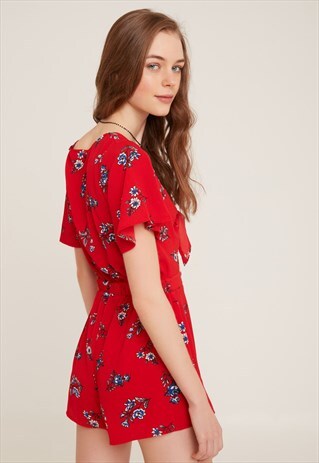PLAYSUIT - RED WITH FLORAL PATTERN